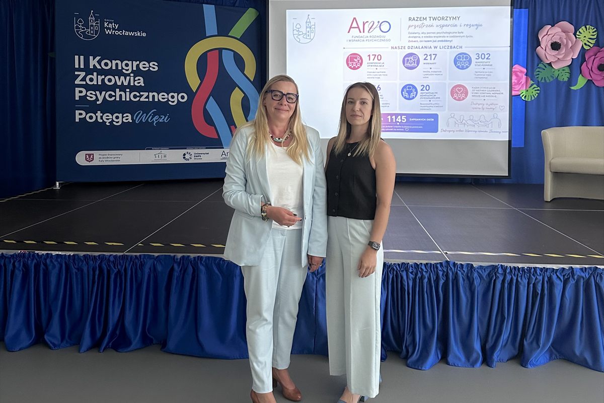 Dwie osoby z Fundacji Arvo przed banerem Kongresu i ekranem prezentacji